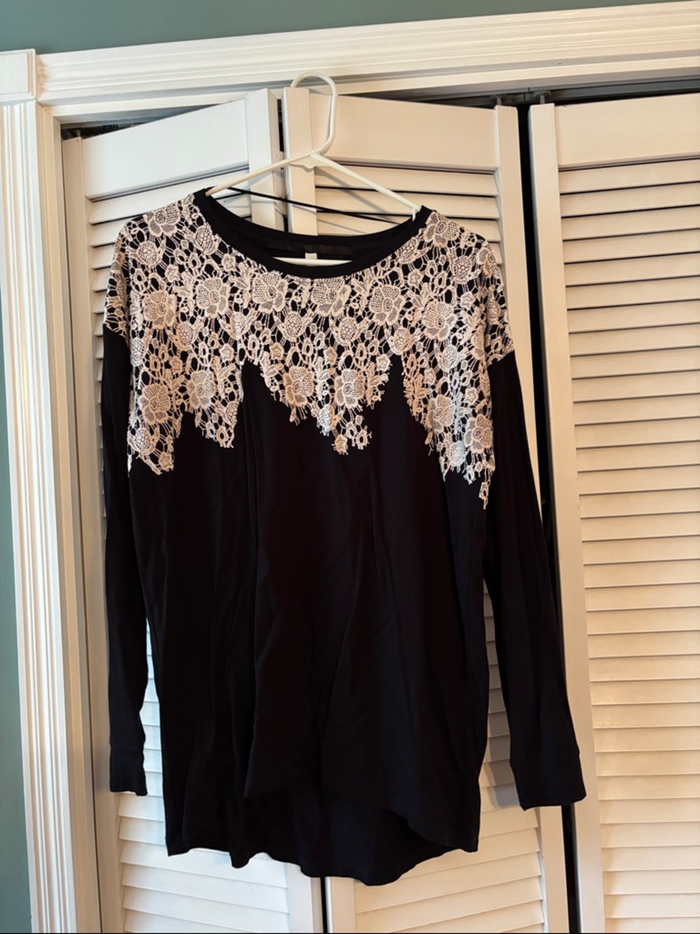Kensie Black Long Sleeve Top with White Lace Yoke
